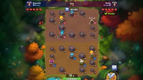 Nudus battle board with heroes summoned on both halves of a forest arena