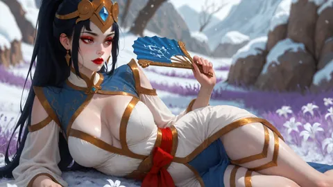 Nudus heroine with a blue fan lying in a snowy field of lilies